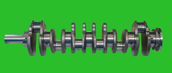 Isolated on green background crankshaft from engine car. Chromakey Green Screen