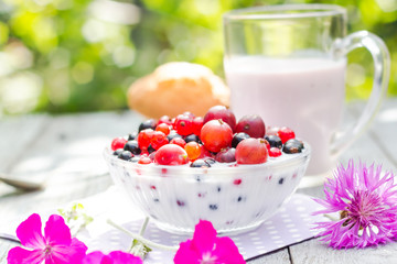 Breakfast garden fruits currants gooseberries buttermilk