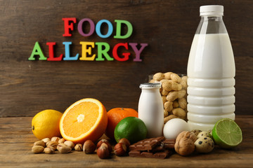 Allergy food concept. Allergic food on wooden background