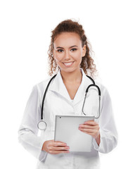 Beautiful African American female doctor on white background