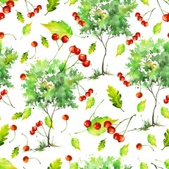 Trees and autumn leaves watercolor.  watercolor pattern