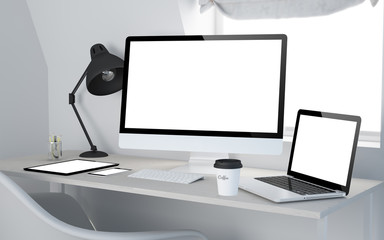 workroom with blank screen devices
