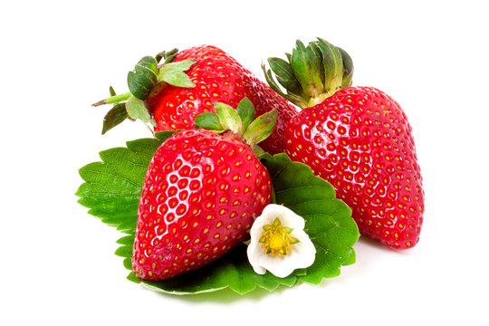 three strawberries with flower and leaves isolated on white background