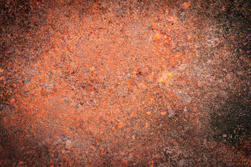 Rusty dirty iron metal plate background. Old rusty metal. Red rusted metal with copy space for text or image. Dark edged.