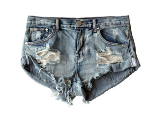 blue denim shorts ripped isolated on white background. flat lay
