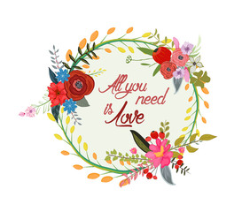 Beautiful greeting card of wreath and hand drawn letters. Bright illustration, can be used as creating card,invitation card for wedding,birthday and other holiday and cute summer background