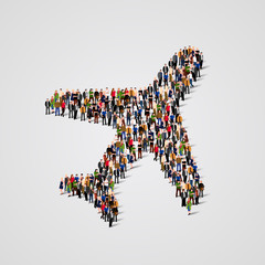 Large group of people in the airplane shape.