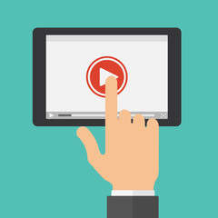 Vector concept flat style illustration of video player. Hand pointing play button on the screen of tablet pc.