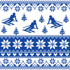 Winter knit pattern - man skiing - white and navy blue background 