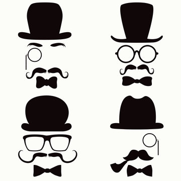 Collection of vintage style silhouette people heads with hats, mustaches, monocles, glasses and ties