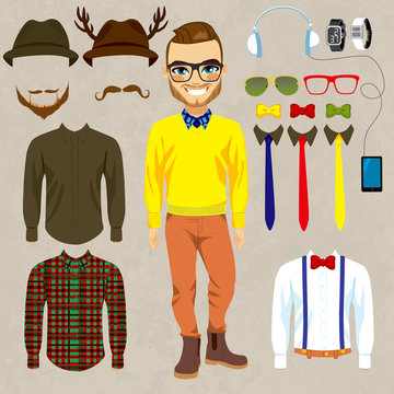 Fashion dress up doll man with hipster clothes, accessories, hats and mustaches to combine