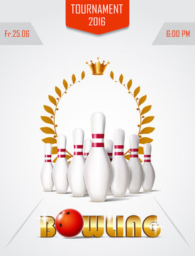 Bowling tournament poster with ball, laurel wreath and bowling pins.