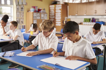 Two schoolboys working in a primary school class