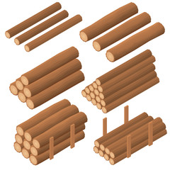 Wooden logs in the isometric. Brown bark of felled dry wood.
