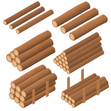 Wooden Logs In The Isometric. Brown Bark Of Felled Dry Wood.