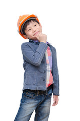 Young asian boy wearing helmet and thinking over white