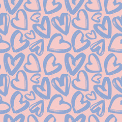 Obraz na płótnie Canvas Seamless pattern of handdrawn brush lilac hearts on pink background. Hand painted vector illustration. Design for fabric, textile, wrapping paper, card, invitation, wallpaper, web design.
