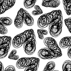 Seamless pattern black and white hearts with rough edges on a white background. Hand painted vector illustration. Design for fabric, textile, wrapping paper, card, invitation, wallpaper, web design.