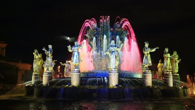 fountain Friendship of the people in Moscow on VDNH in evening illumination