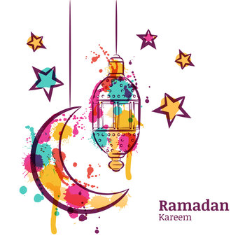 Ramadan greeting card with traditional watercolor lantern, moon and stars. Ramadan Kareem watercolor decoration background. Design for muslim ramadan holiday. Vector arabian holiday background. 