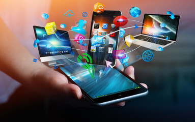 Businesswoman connected tech devices and icons applications with