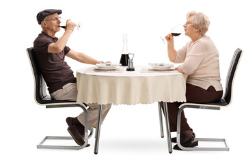 Elderly couple drinking red wine on a date