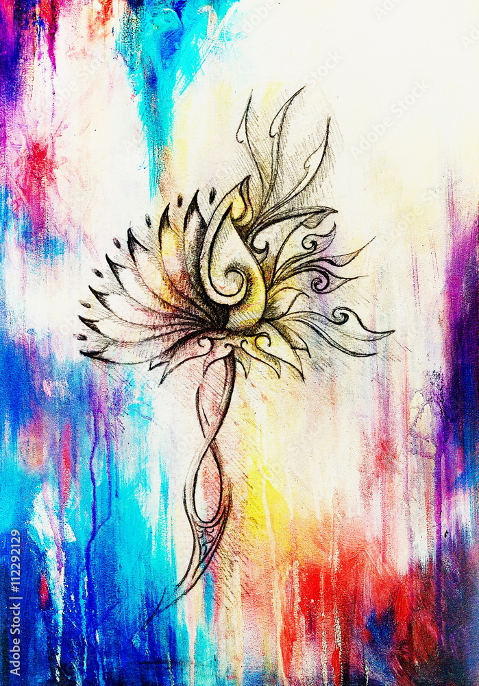 Aufkleber color drawing of ornamental flower structure. original hand drawn and computer collage. color struct