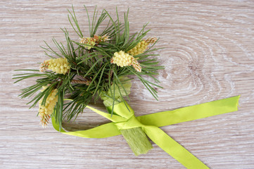 Christmas bouquet of pine branches tied with light green ribbon. Branches with pine cones on wooden background.    
