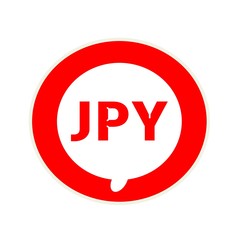 JPY red wording on Circular white speech bubble