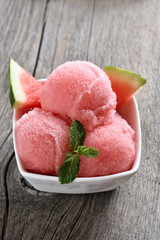 Watermelon sorbet in bowl