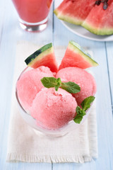 Watermelon sorbet in glass bow