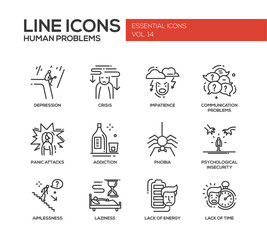 Human psychological problems- line design icons set - obrazy, fototapety, plakaty