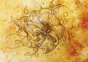 ornamental filigran drawing on paper with spirals, flower petals and flame structure pattern, Color effect and Computer collage.