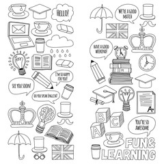 Vector set Doodle patterns and icons English courses Language school