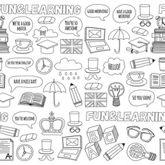 Vector set Doodle patterns and icons English courses Language school