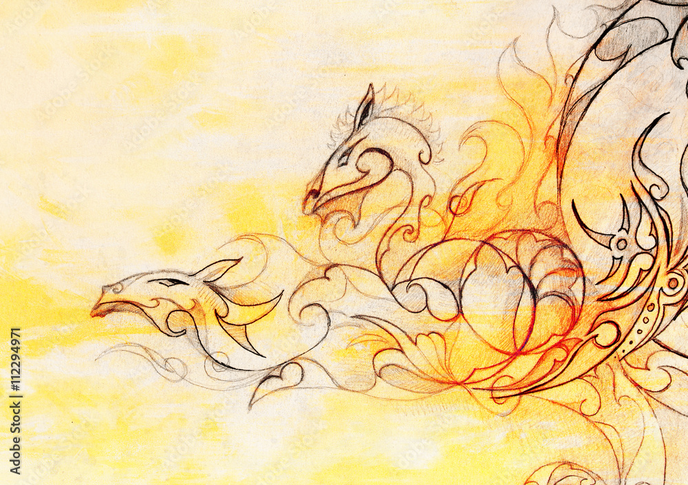 Poster drawing of ornamental dragon on old paper background and sepia color structure, computer collage.