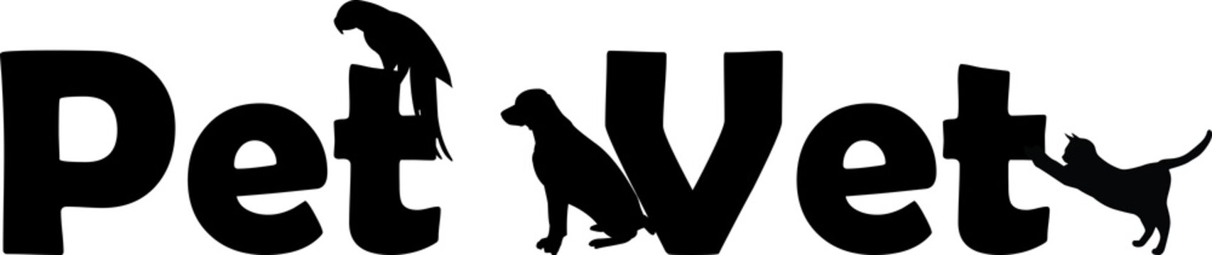 Veterinary Hospital logo: pet vet with dog, cat and parrot silhouette
