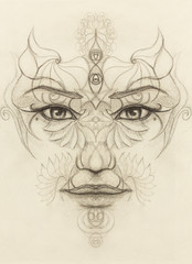 mystic woman face with floral ornament. Drawing on paper, Eye contact.