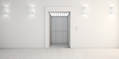 Modern metal elevator with open doors, Hall Interior