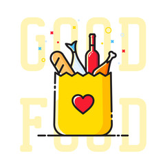 Good Food Paper Bag with Heart Symbol, Bread, Wine, Fish, etc. Abstract Vector Illustration. Shopping or Delivery Sign. Catering Icon.