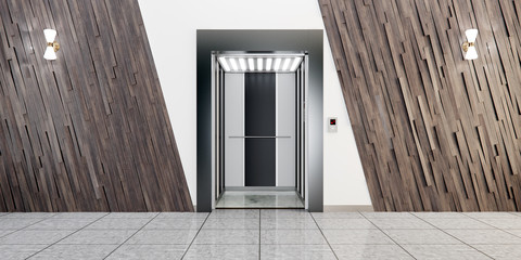 Modern metal elevator with open doors, hall interior © DNY3D