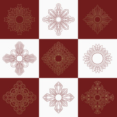 Set of decorative design elements isolated on white and red background.  Flowers, snowflakes, abstract floral pattern, star, sun. Vector logo, sign, stick figures. Floral ornament. Design template