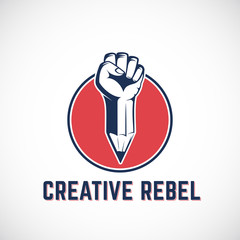 Creative Rebel Abstract Vector Sign, Symbol, Icon or Logo Template. Revolution Fist Mixed with a Pencil Concept in Red Circle. Stylized Riot Hand.