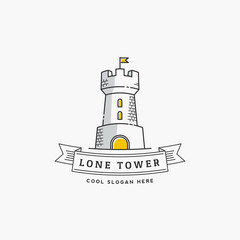 Lone Tower Abstract Vector Sign, Icon, Label or Logo Template in Line Style. Stronghold with a Flag and Typography Banner.