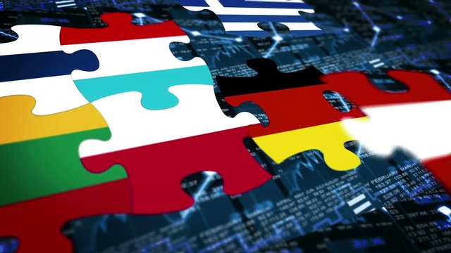 many puzzle composition europe national flag on financial chart background, crisis of eurozone