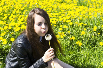 Girl blowing on dandelion on carpet of flowers