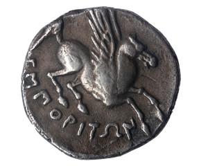 Dracma,  Pp III century B. C..Front: Head of a divinity.Reverse: Pegasus and current legend Emporion (of Ampuritanos) Ampurias