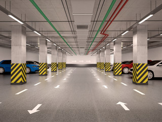 3d illustration of underground parking with cars