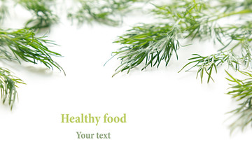 Sprigs of green dill on a white background. Frame with copy space for text. Isolated, studio, close-up