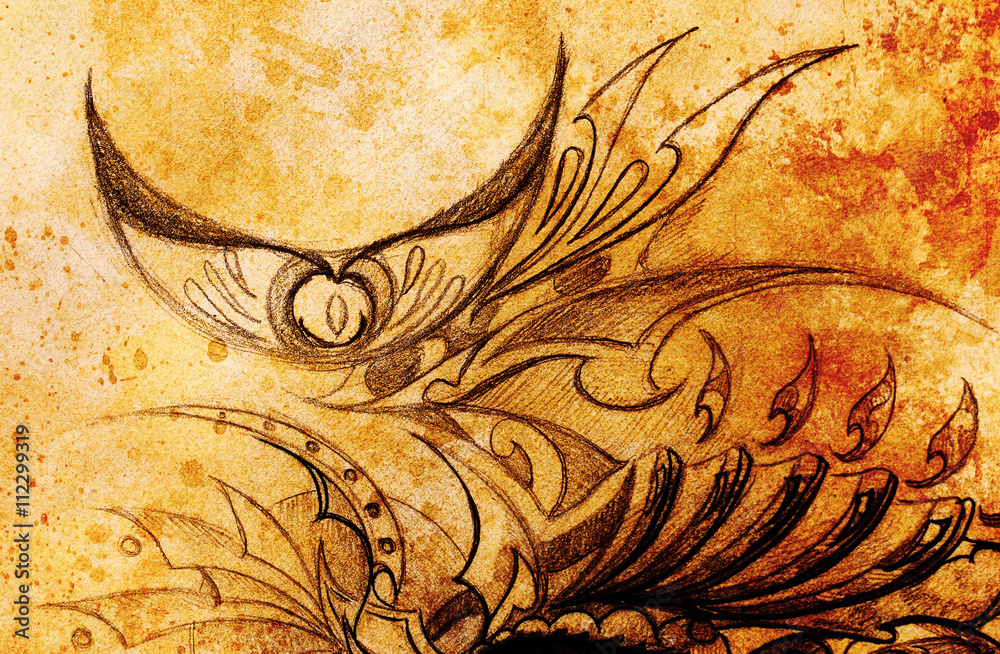 Poster ornamental drawing. original hand draw and computer collage. color structure.